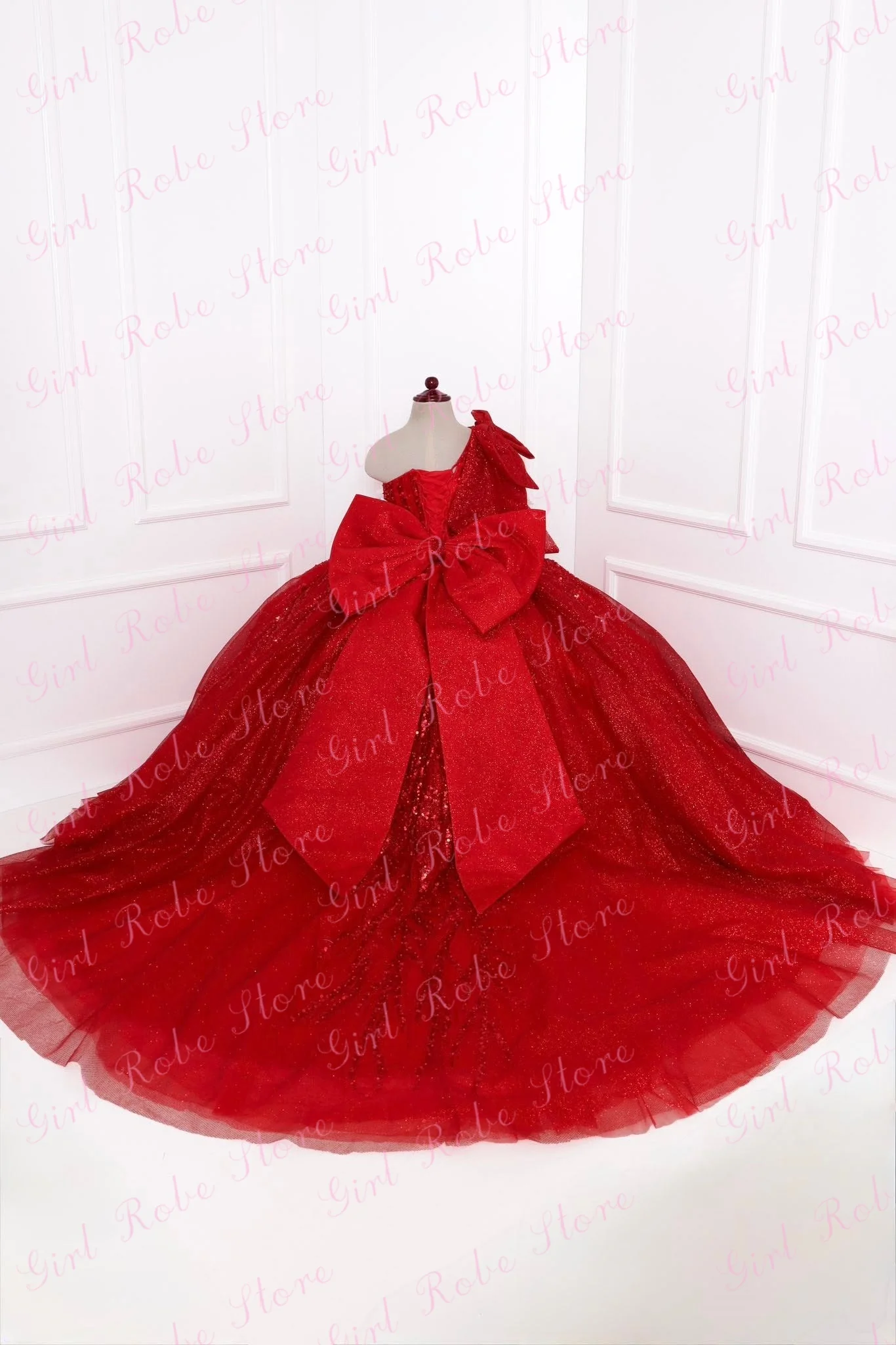 Customized Red Flower Girl Dress For Wedding Tulle Floor Length Glitter With Bow Gorgeous Princess Birthday Pageant Ball Gown