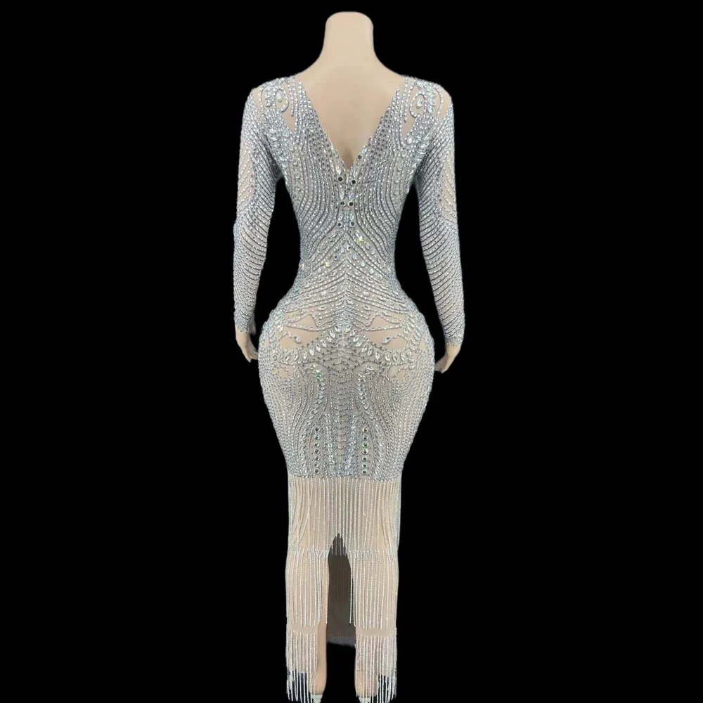 Nude Shining Rhinestones Crystal Tassel Sexy Long Split Dress For Women Evening Ballroom Clothing Singer Stage Costumes