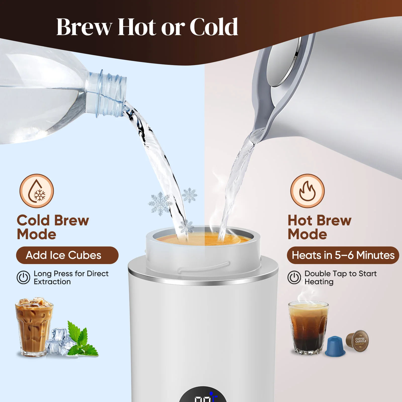 Cafetera espresso portátil inalámbrica con pantalla digital, control de temperatura, recargable, mini máquina de café de cápsulas, compatible con múltiples cápsulas, café en polvo, para viajes, camping.