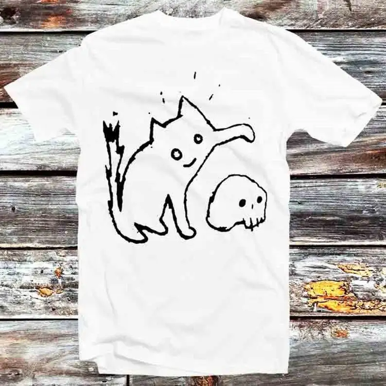 Cute Cat Playing Skull Happy One Line Drawing T Shirt Vintage Retro Cool Gift Mens Womens Unisex Cartoon Anime Top Tee B1023