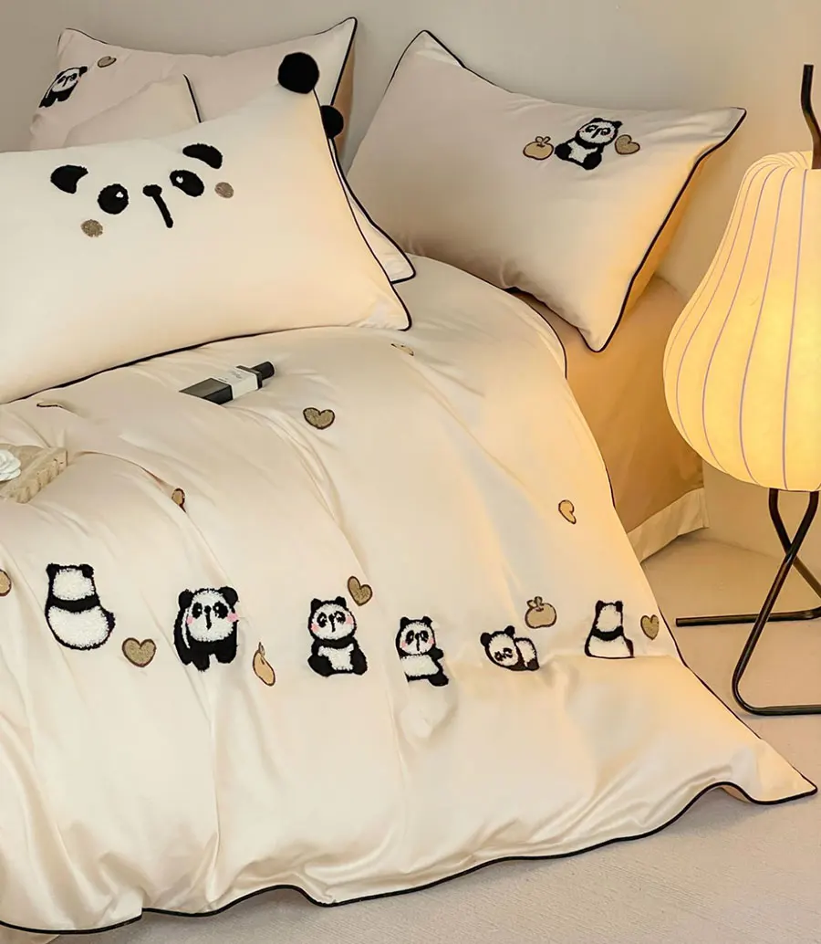 Cute embroidered panda bedding set single double teen,twin full queen king cotton home textile bed sheet pillow case duvet cover