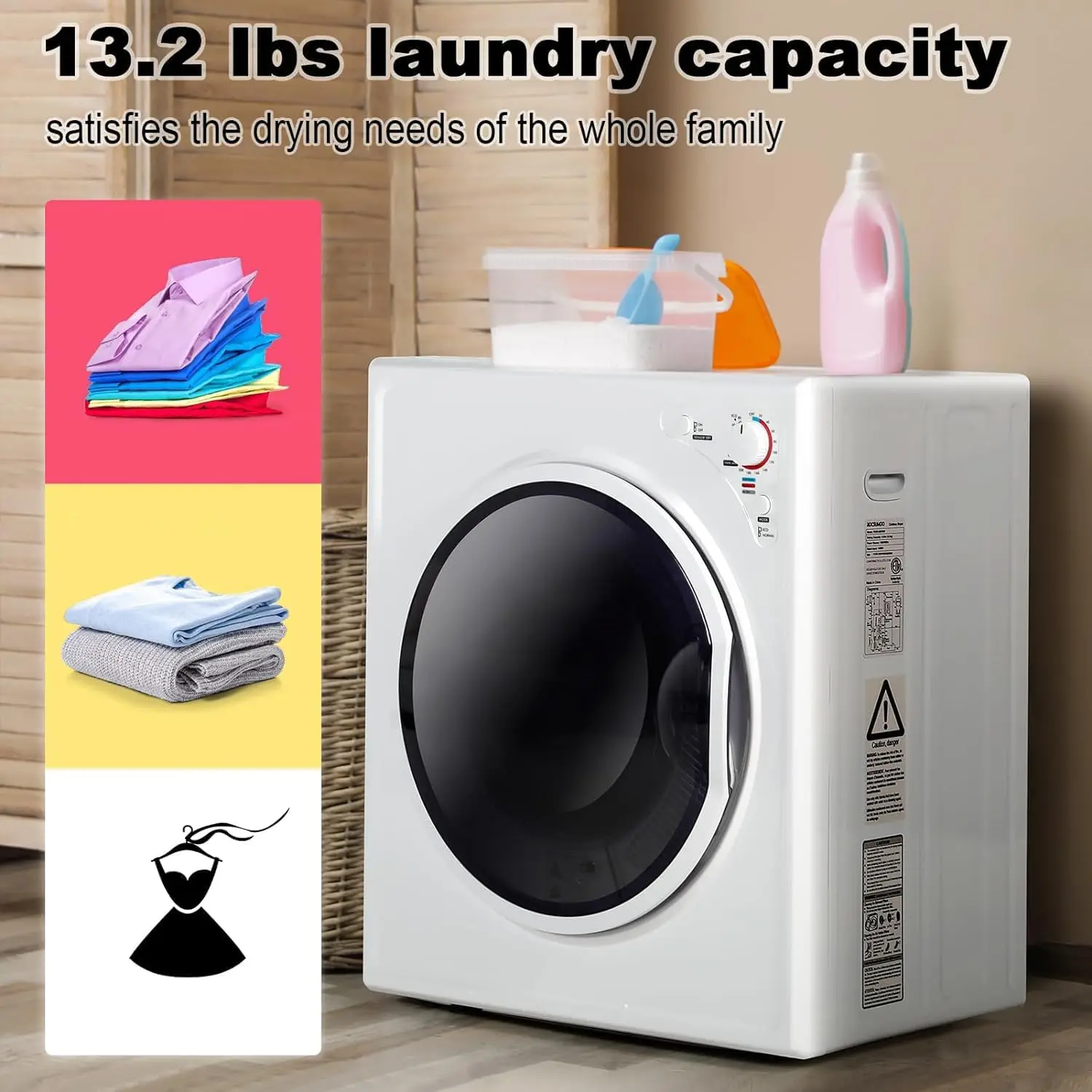 Compact Laundry Dryer, 2.6 cu ft Front Load Stainless Steel Clothes Dryers with Exhaust Pipe, 1400W, Control Panel Four-F