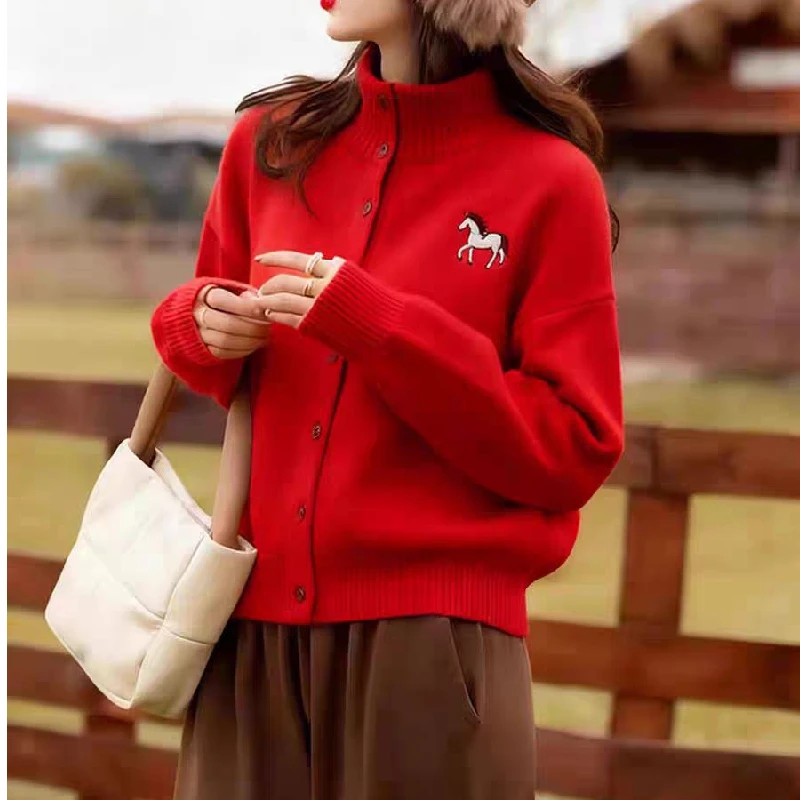 

Short Knitted Sweater Coat Casual Loose Fit Autumn Winter Women's Top No Pilling Stand Collar Knitted Cardigan Guangzhou Thir...