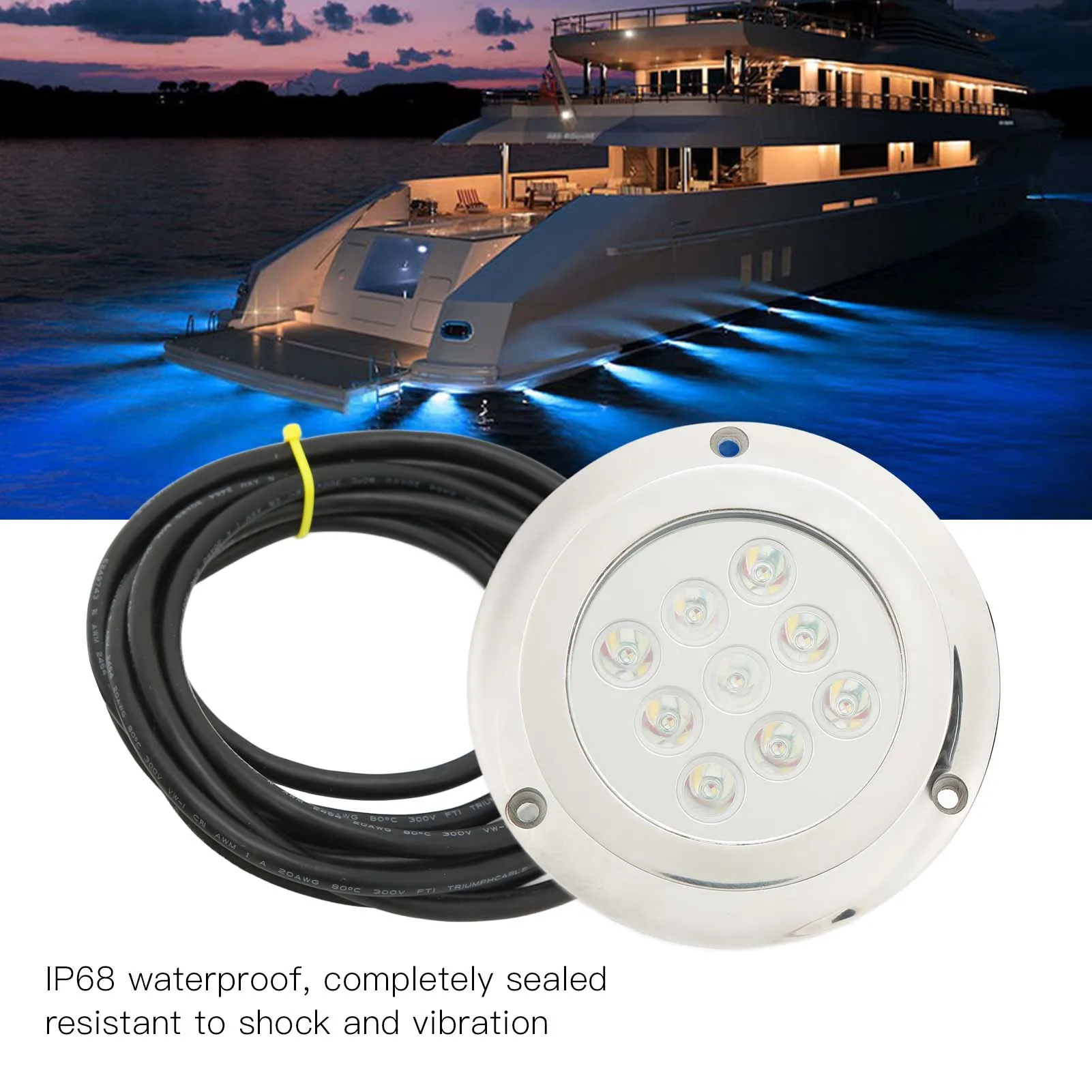 Yacht Underwater Light  12V‑24V Tempered Glass IP68 Waterproof Seawater Tail Dome Swimming Pool Lamp Swimming Pool Light