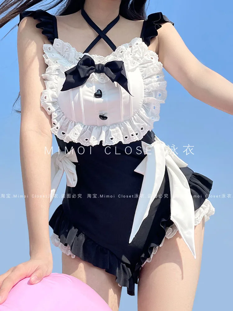 Girls Japanese Maid Style Lolita One-Piece Hot Spring Bathing Swimsuit Women's Summer Sweet Sleeveless Bow Swimwear Suits