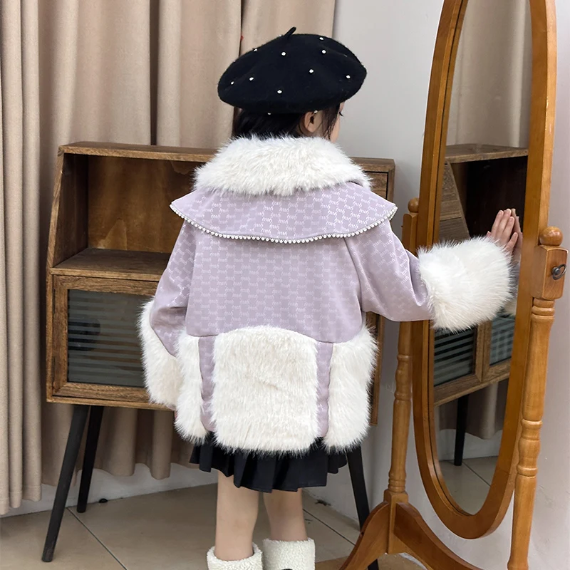 Girl's 2025 Winter Imitation Fur Coat New Children's Plush Thick Cotton Coat Long Sleeve