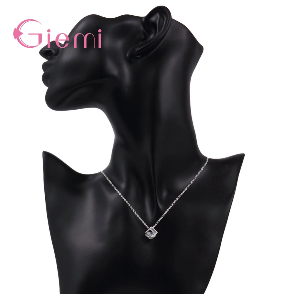 Delicate 925 Sterling Silver Color Jewelry With Cubic Zirconia Square Pendant Necklace Women Anniversary Lovely Gifts