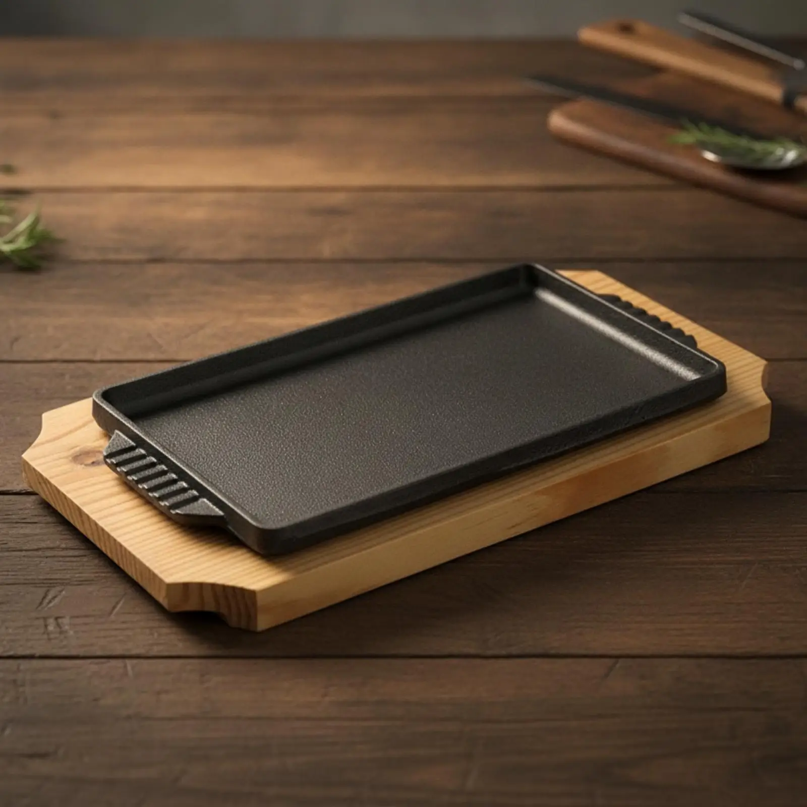 Cast Iron Griddle with Wooden Board | Raised Edges to Contain Juices, Restaurant-Style, serving platter with Wooden Base, for