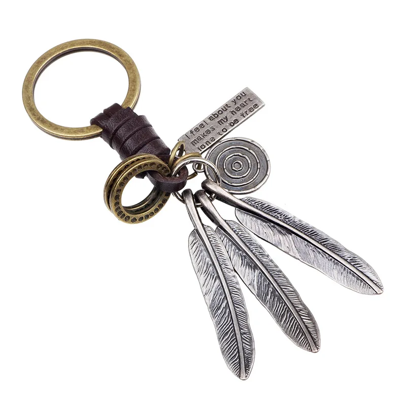 Vintage Pendant Hand Woven Leather Keychains for Men Car Key Chain Women Tassel Feather Keyring Charm Jewelry Friends Gift