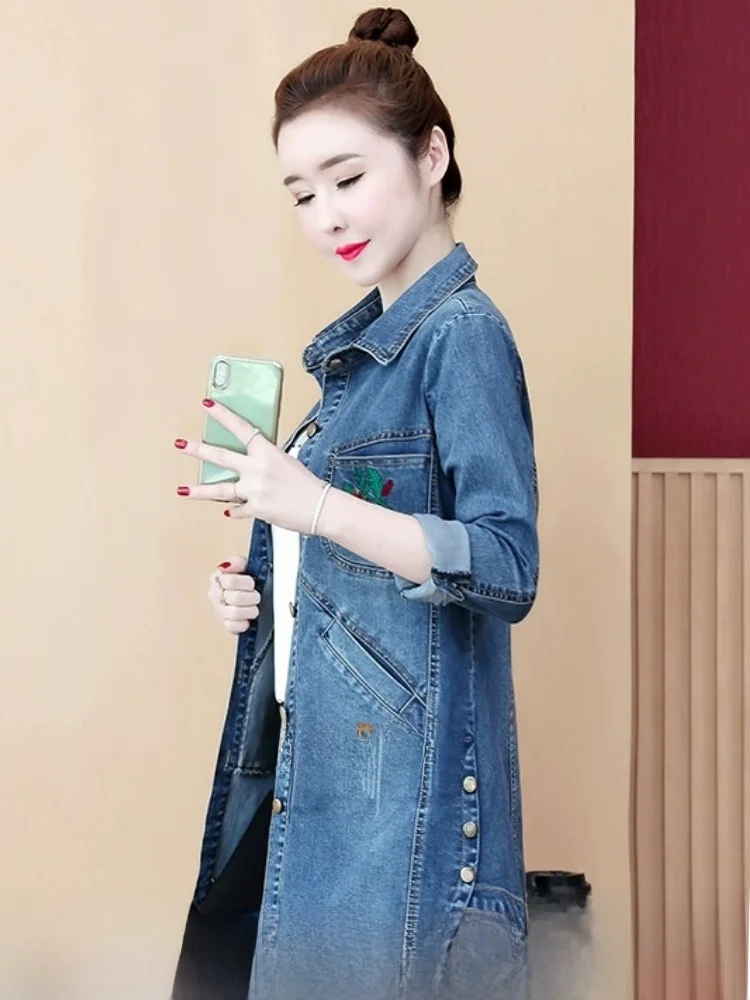 

Casual Mid-Length Women's Denim Sle Jaet Spring Autumn Large Size Outwear Collar Button Sve Floral Embroidery