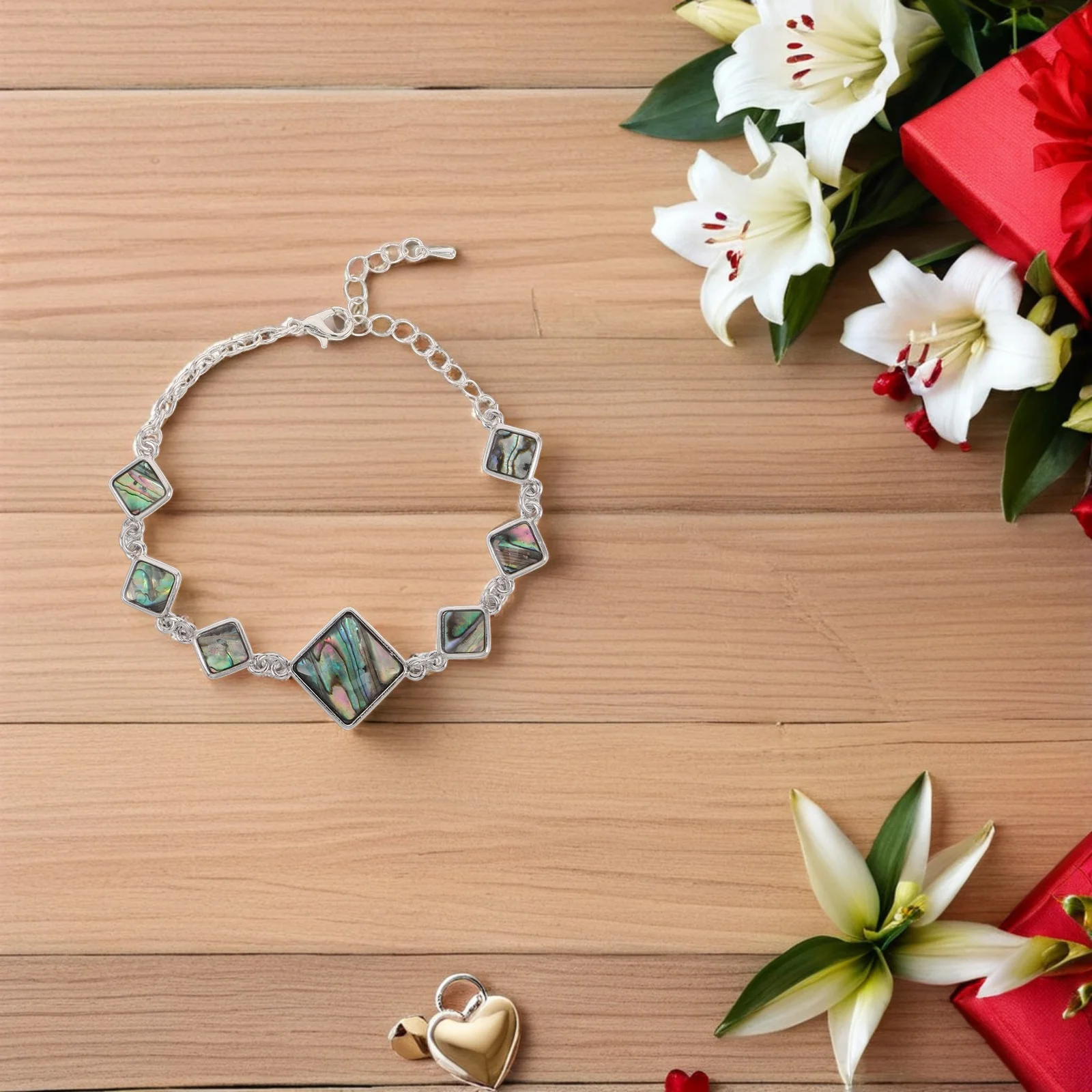 

Rainbow Abalone Shell Bracelet Adjustable Geometric Link Iridescent Ocean Colors Women Summer Beach Wedding Jewelry