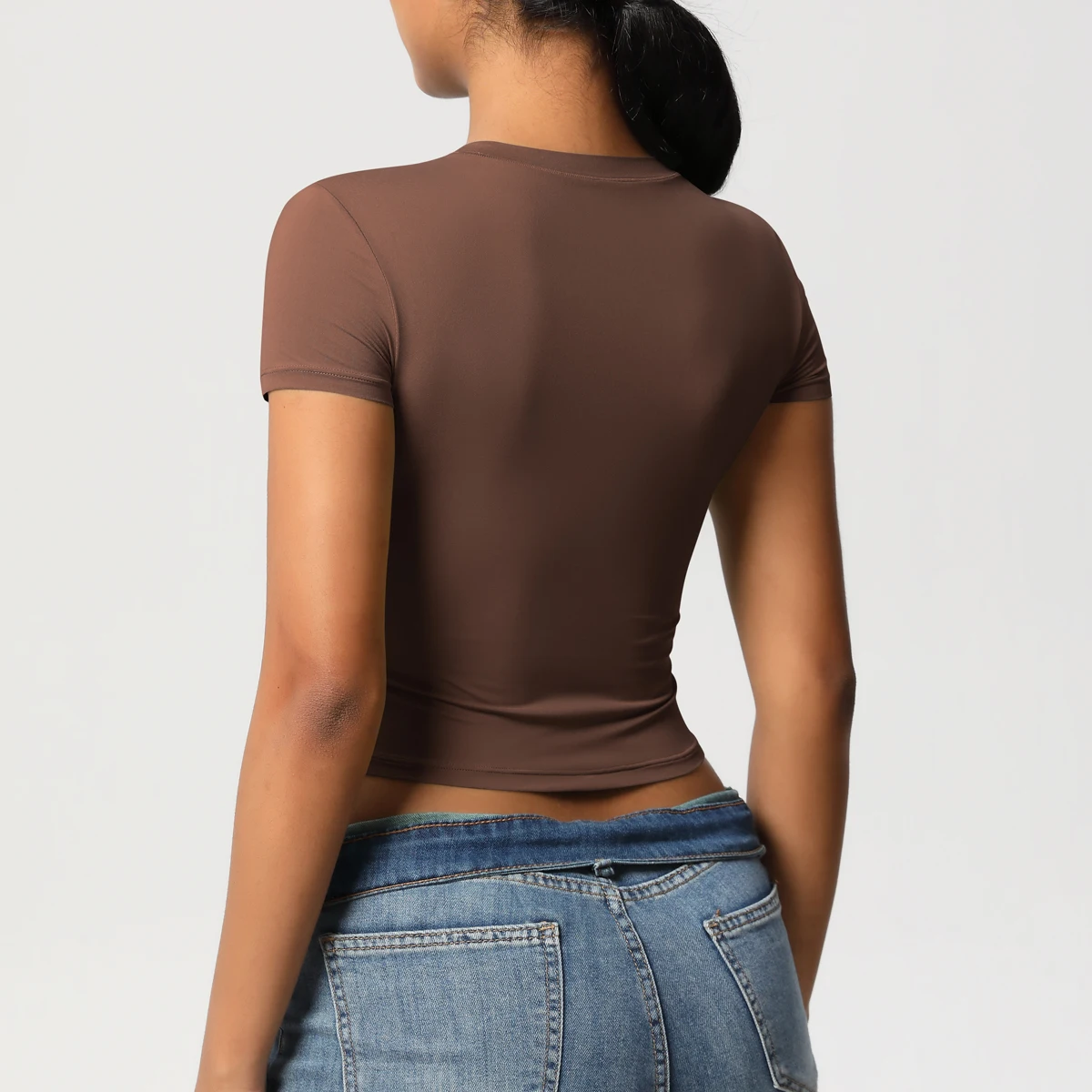 Frauen Sport Shirt Kurzarm Gym Top Workout Kleidung Hohe Elastische Active Wear Femme Lauf Zubehör Fitness T-shirt – Detail 7