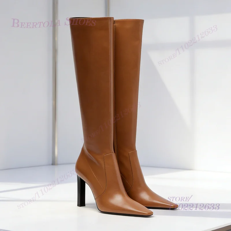 

Long Straight Boots Brown Matte Leather Square Toe Women Black Casual Stiletto Heel Zipper Burgundy Simple Booties Concise Shoes