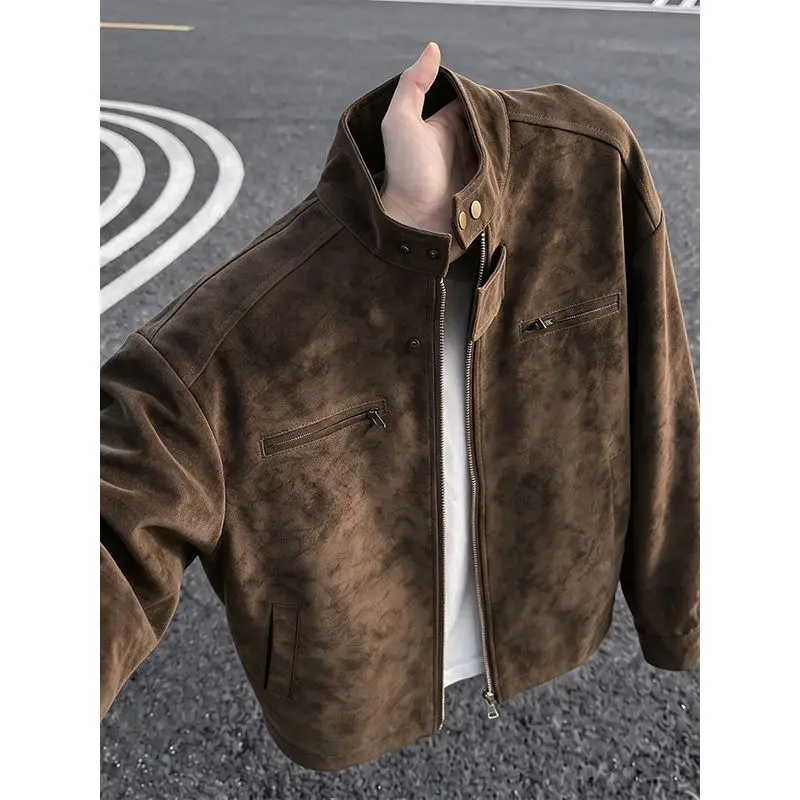Men's Motorcycle PU Leather Jacket Autumn Winter Tie Dye Shoulder Padded Wind & Water Resistant Warm Casual Street Coat