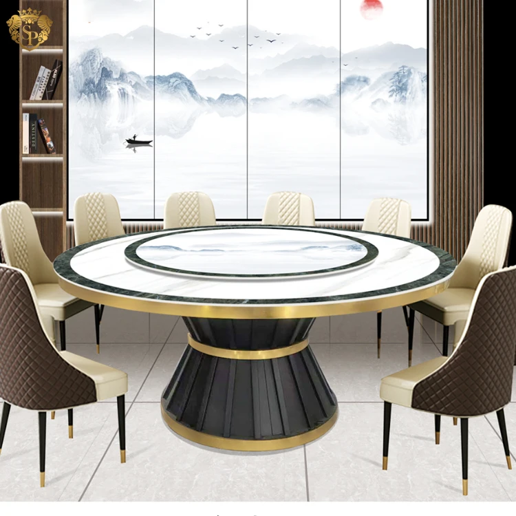 Metal Base Restaurant Furniture Table Dining Table Set Round Rotating White Dining Room Sets 8 Chairs Table Furniture Luxury