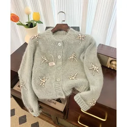 Women Green Clothing Vintage Knitting Sweater Round Neck Long Sleeve Decoration Overcoat Fashion Female 2024 Winter NEW Tops