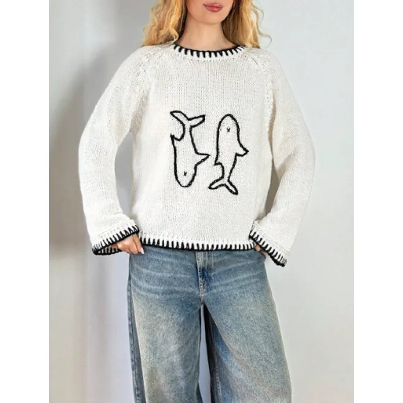 Maglione allentato pullover ricamato retrò girocollo a blocchi di colore 2025 per donna autunno inverno nuovo maglione a maniche lunghe lavorato a maglia