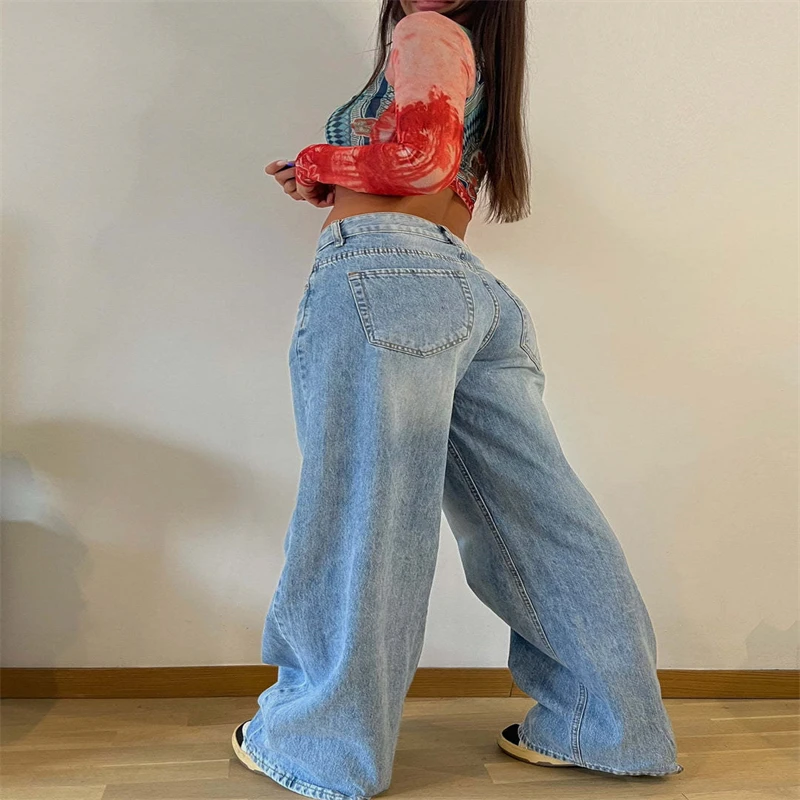 Celana Panjang Wanita Model Retro Amerika Eropa dan Amerika, Celana Jeans Longgar Gaya Hot Girl, Celana High-rise Straight-leg