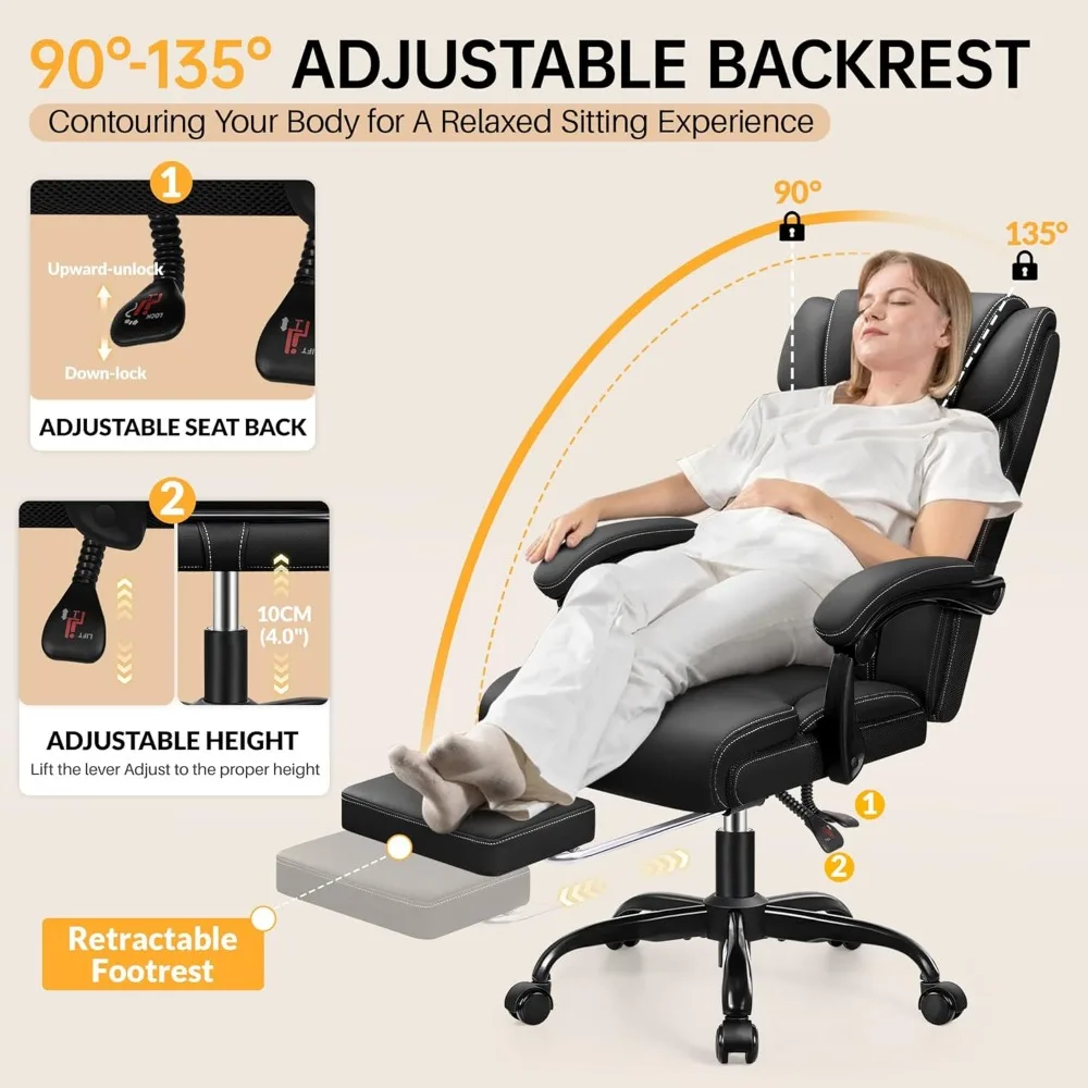 كرسي مكتب، كراسي مكتب جلدية كبيرة وطويلة تنفيذي مع مسند للقدمين، كرسي كمبيوتر مريح وجيد التهوية مع ارتفاع قابل للتعديل