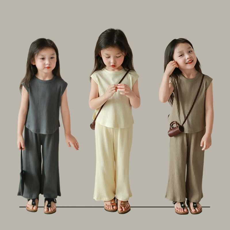 Two-Piece Set Summer Girl Sleeveless Shirt And Trousers Casual Suit Girl Round Neck Solid Color Fashion Suit Skin-Friendly