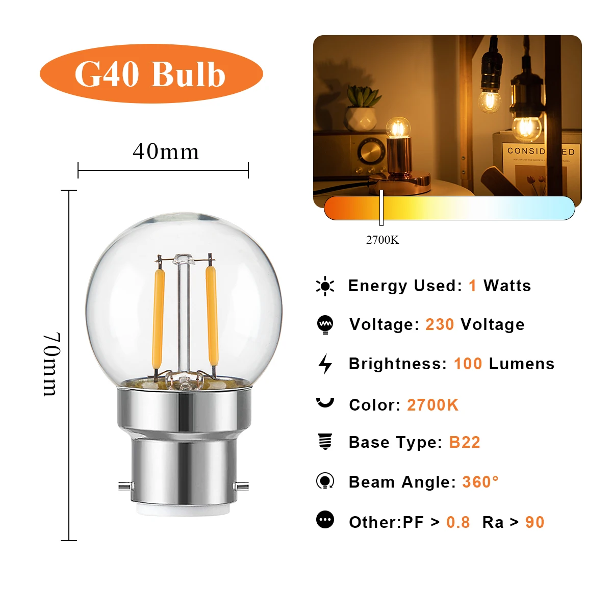 Vintage G40 Globe Led Bulb B22 Bayonet Edison Lamp 1W Equal to 10W Incandescent Bulbs Dimmable Ball Lamps For Pendant Chandelier