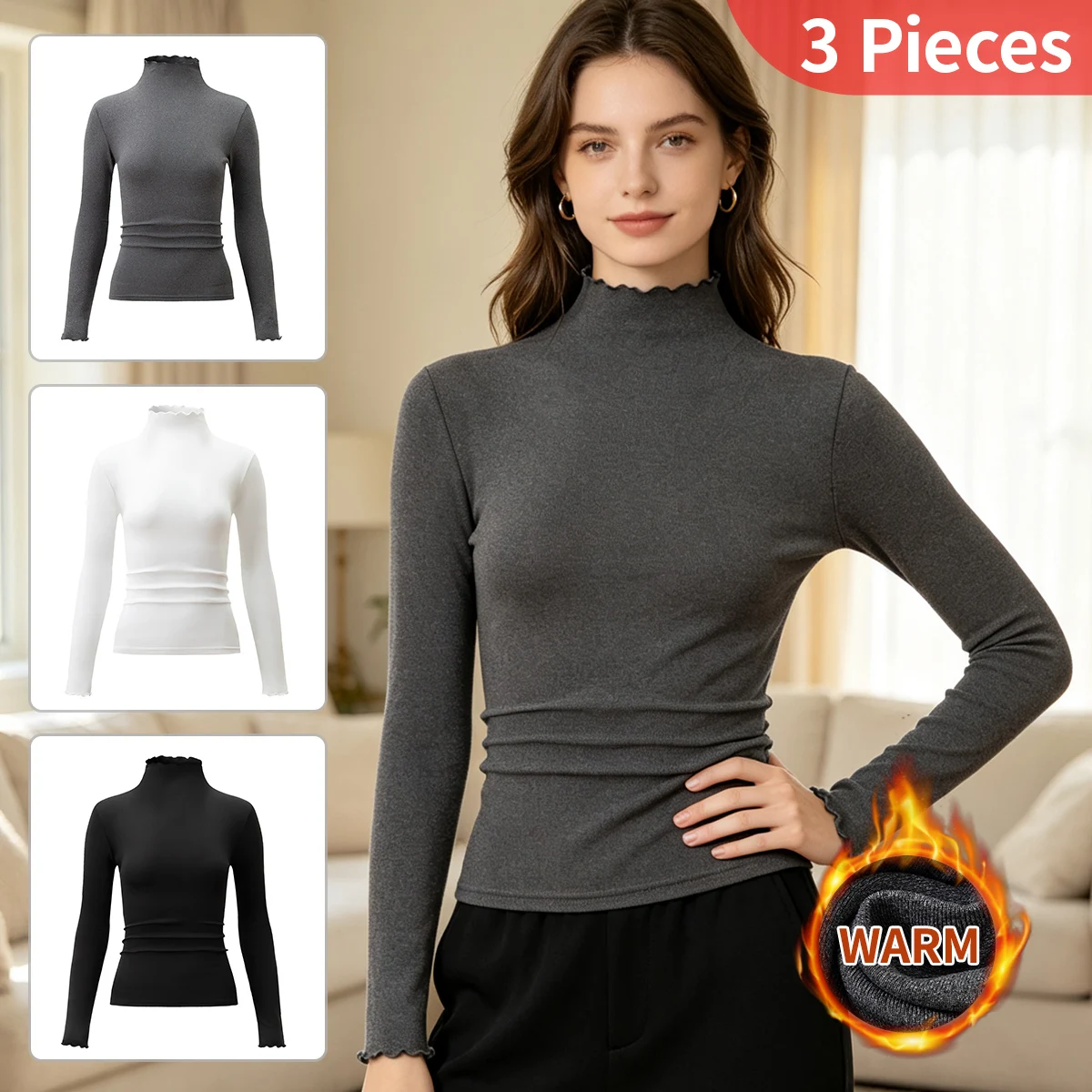 3-Piece Women's Autumn/Winter High Neck Warm Long Sleeved Top With Solid Color And Multi-Color Interior For Casual SportsComfort