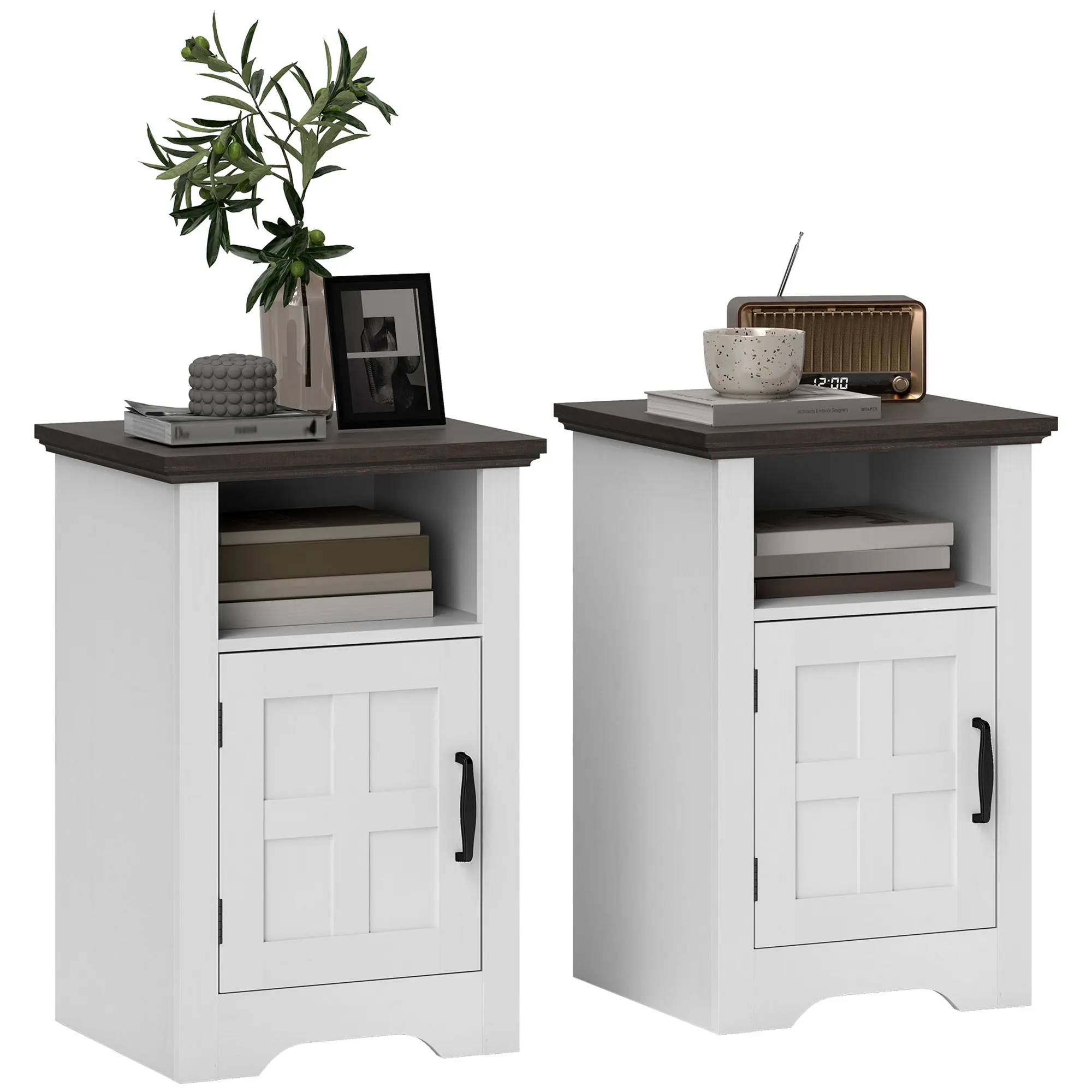 Homcom Blanco Mesitas De Noche Rústicas Mesas Auxiliares Con Puerta Estilo Granero Y Estante 40X35x60 Cm Y Marrón