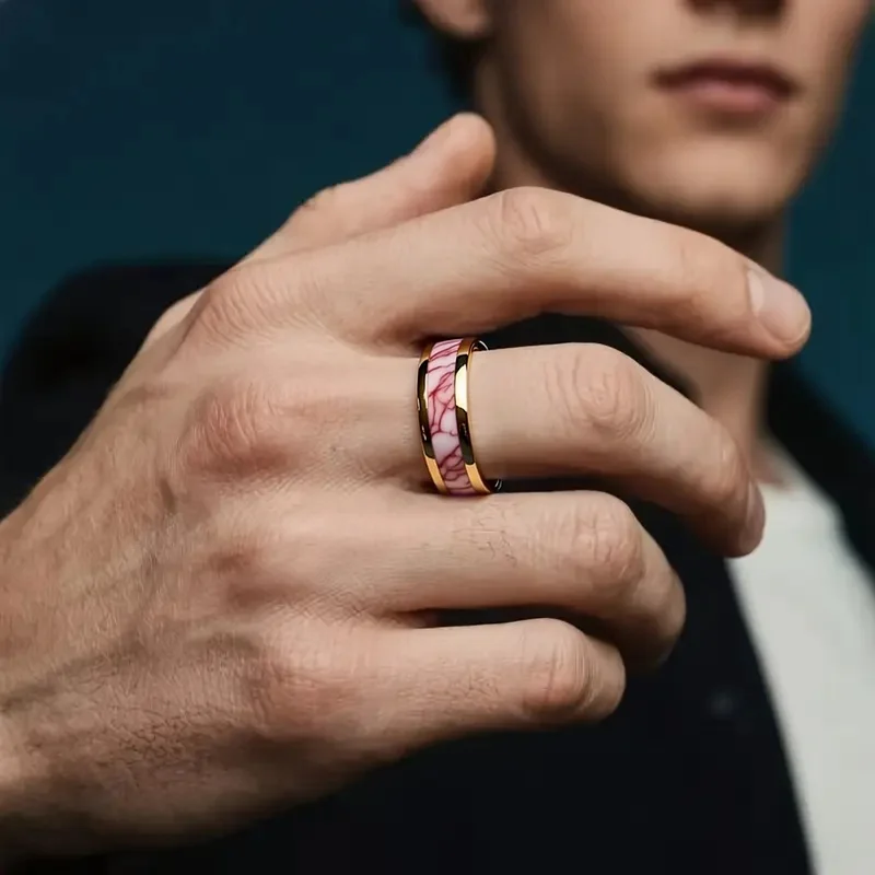 Wholesale Wedding Engagement Fashion Pink Abalone Shell Men's Ring Unique Gold Color Stainless Steel Rings Women Party Ring - view 6