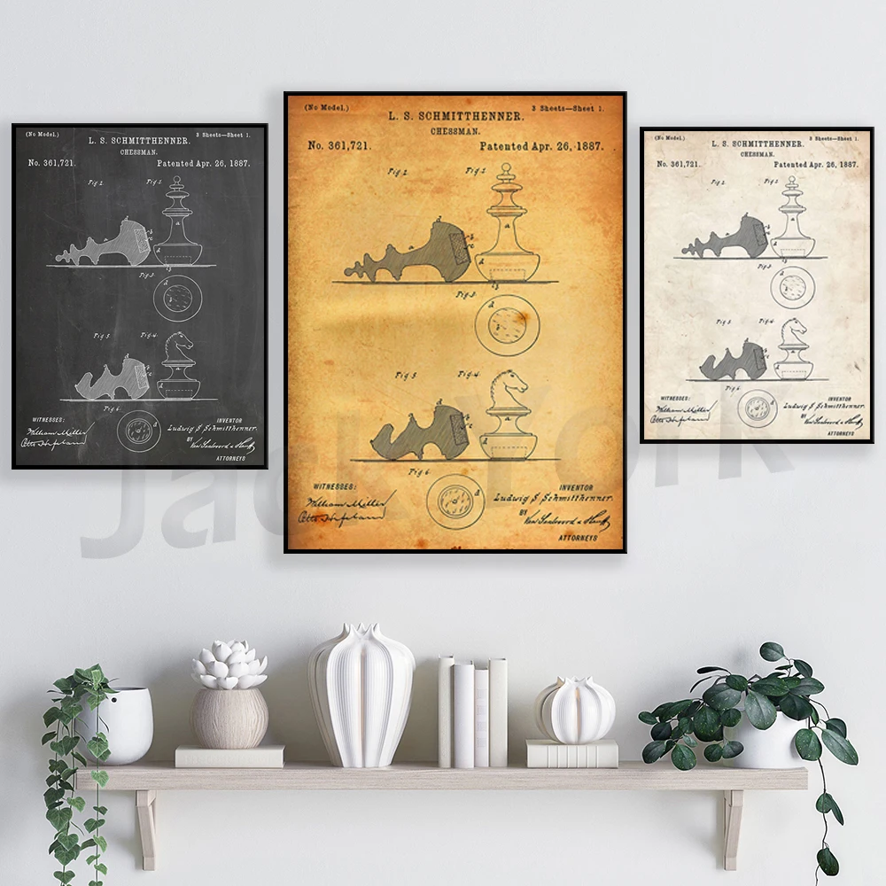 Chessman 1887 Patent Print, Wall Art Poster Chess Player Blueprint Gifts