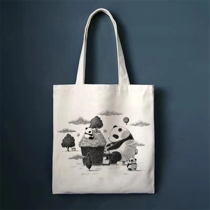 Retro Cute Panda Shopping Tote Bag Canvas Bag Handbag Environmental Protection Shopping Bag Shoulder Bag Female Punk Casual Scho