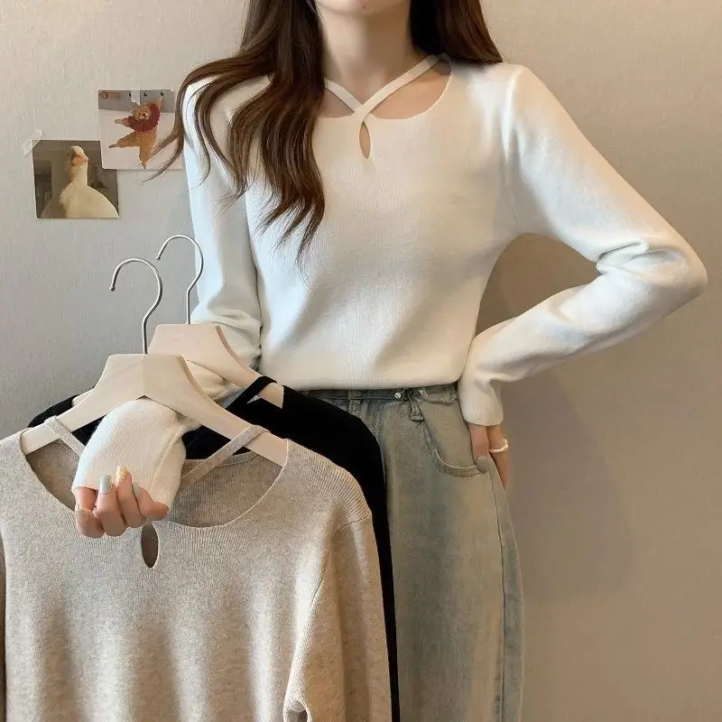 Spring Autumn New Chic Cut Out Knit Sweater Women Clothing Sexy Clavicle Slim Long Sleeve Pullovers Lady Solid Y2K Thin Tops