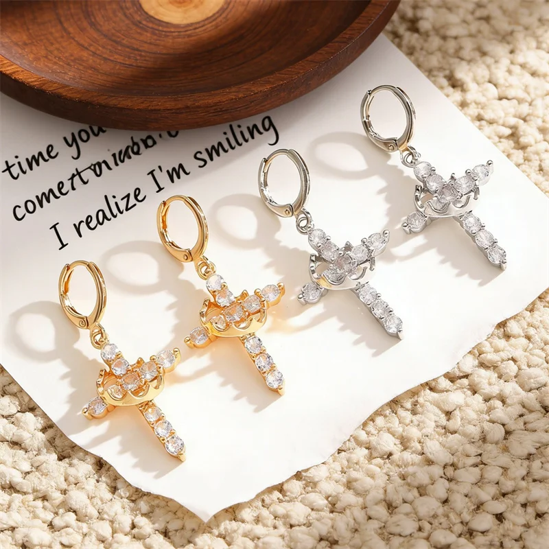 Crown Cross Point-Drill Crystal Earrings Gold Plated Diamond Classic Ear Stud For Mom Women's Faith Jewelry First Communion Gift