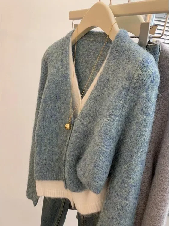 Autumn Winter Women's Loose Knitted V-neck Cardigan Soft Thickened Casual Fashion Sweater Fake Two-pieced Style Daily Wear