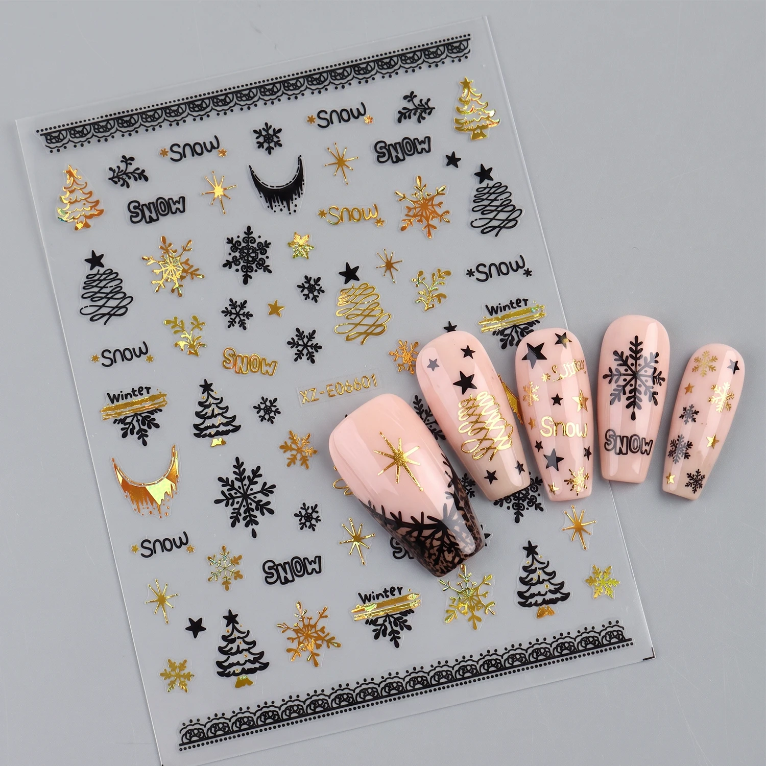 12Pcs Black Gold Xmas Nail Stickers Sparkly Rich Snowflake Tree Star & Winter Element Nail Sliders New Year Party Nail Supplies*