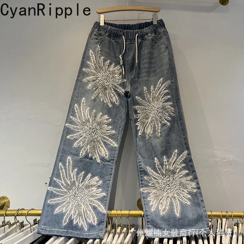 Fashionable New Autumn All-match Women Straight Jeans Drawstring Elastic Waist Embroidery Beading Casual Wide Leg Denim Pants