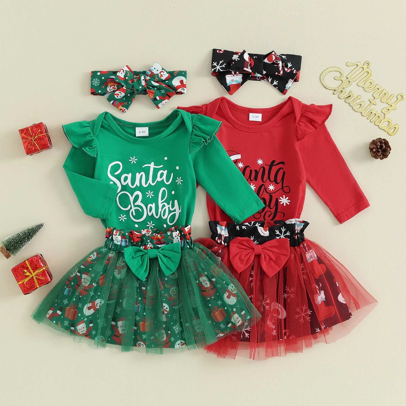 Baby Girls Christmas Clothes Set Long Sleeve Letter Printed Romper Multicolor Yarn Skirt Headdress Xmas Costume Clothing