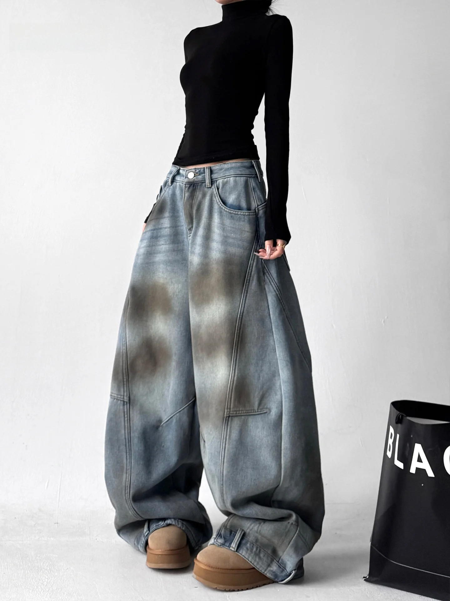 

Womens Fce Lined Waed Denim Jeans Loose Wide Leg Crop Trousers Low Waist Cotton Polyester Blend Winter Vintage Sle