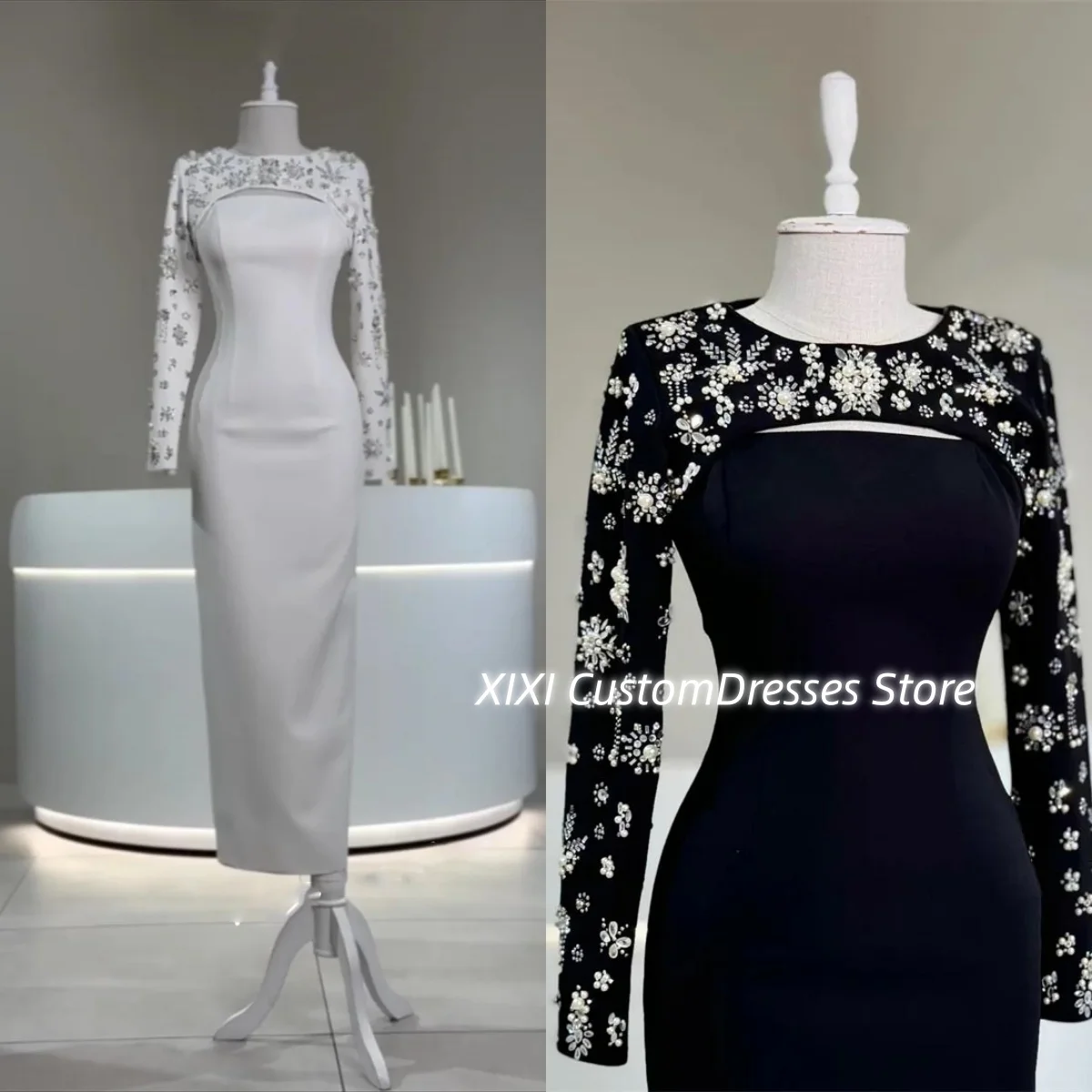 

Column Customize Dresses For Women Scoop Neckline Floor-Length Zipper Up Women'S Evening Dresses Long Sleeves Vestidos De Fiesta