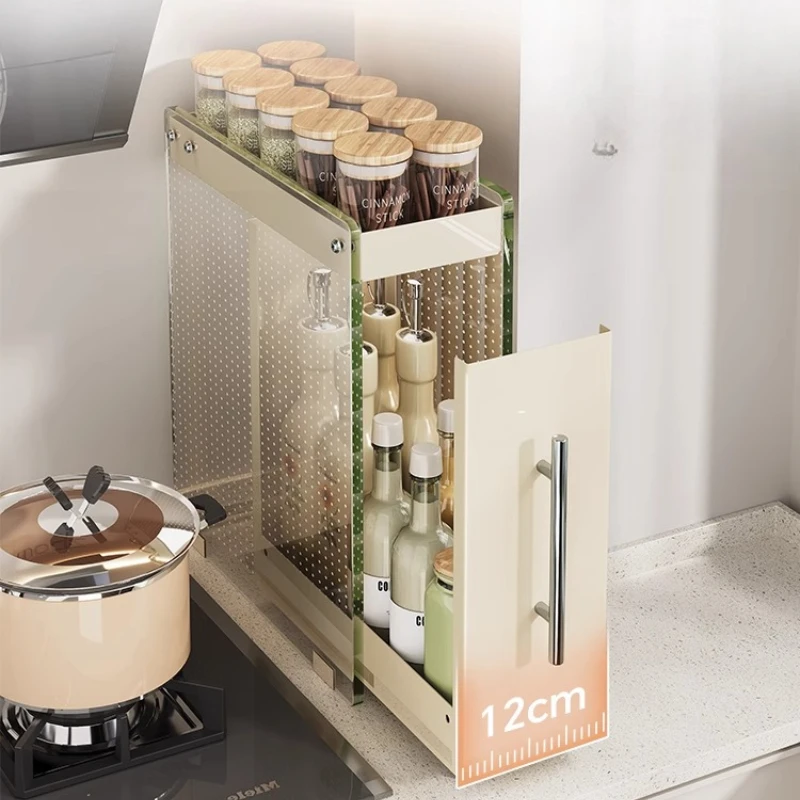 

‌Pull-Out Spice Rack‌ Narrow Kitchen Organizer with 2Tier Glass Door 360°Rotating Turntable & Rust-Proof Coating for Countertop