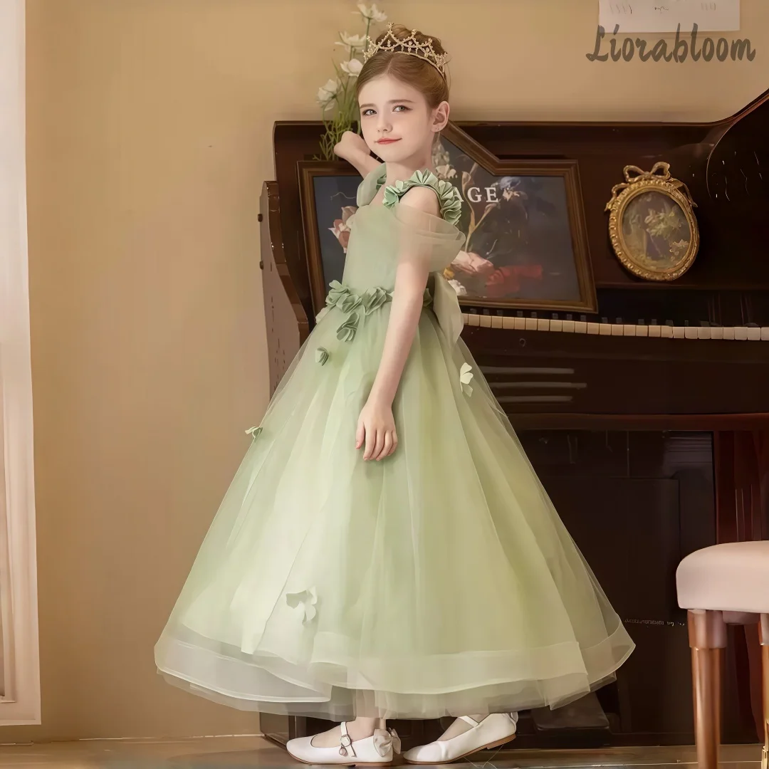 Abito da bambina verde con spalline, decorazioni floreali in rete, abito da damigella voluminoso a strati, vestito da festa con gonna ampia, abito da cerimonia nuziale