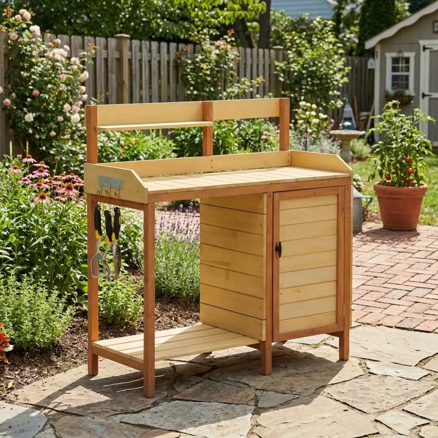 Outdoor Wooden Potting Bench Table With Sink Garden Table Work Bench With Storage Workstation For Outside Patio Lawn
