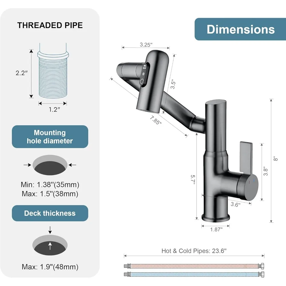 ก๊อกน้ำอ่างล้างหน้าแบบหมุนได้สีเทาพร้อมท่อระบายน้ำแบบป๊อปอัพและแผ่นปิด 10 แผ่น ดีไซน์ทันสมัยเพื่อเพิ่มประสิทธิภาพการทำงาน