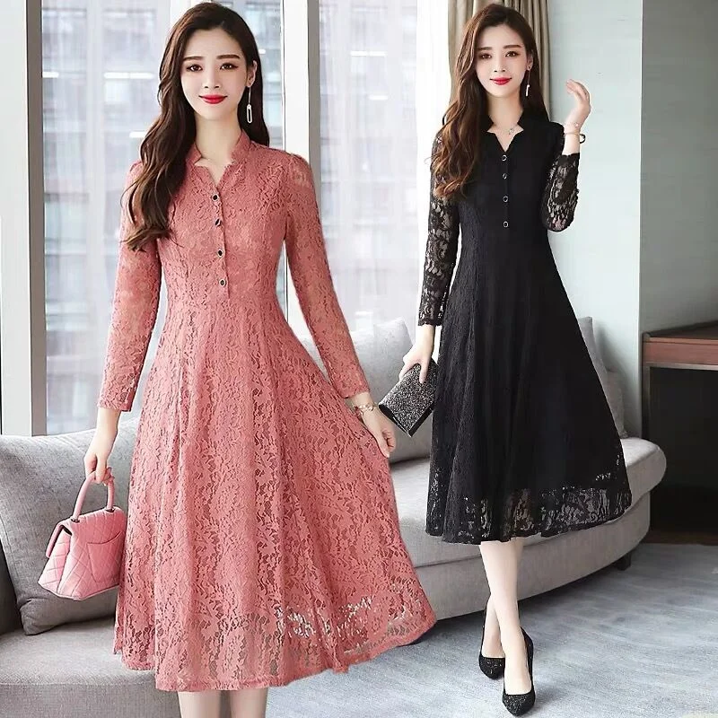 

Spring and Autumn 2024 New Women's Lace Chiffon Dress with Long Sleeves French Style Slim and Elegant Stand-Up Collar Dress 4XL