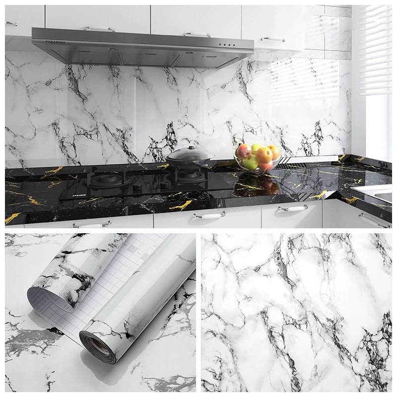 40cm Wide Wallpaper Self Adhesive Waterproof Marble Wallpaper Vinyl Film Wall Sticker Bathroom Kitchen Cabinet Room Decoration