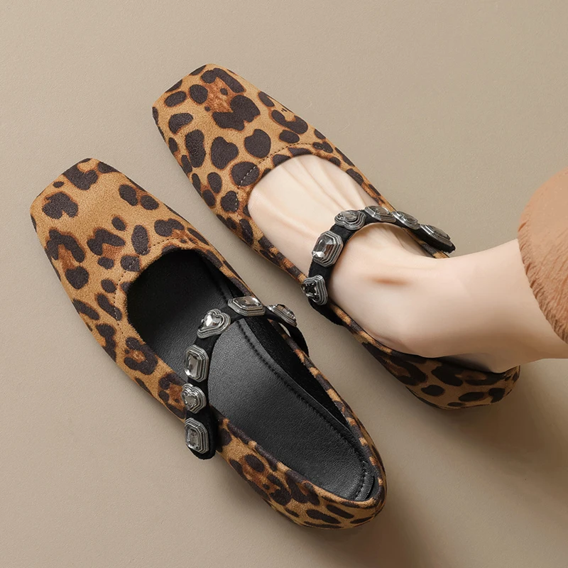 Eilyken Fashion Crystal Elastic Band Square Toe Women Pumps Design Style Leopard Print Low Heels Party Female Shoes