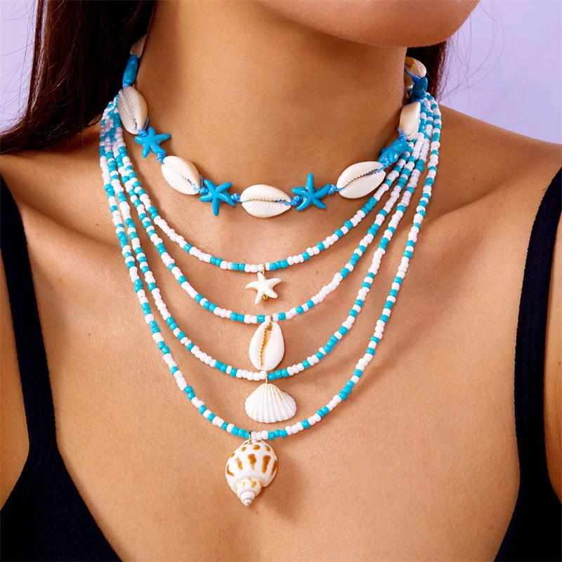 5Pcs/Set Bohemia Conch Shell Starfish Pendant Necklace for Women Girl Summer Beach Neck Chain Short Choker Necklace Jewelry Gift