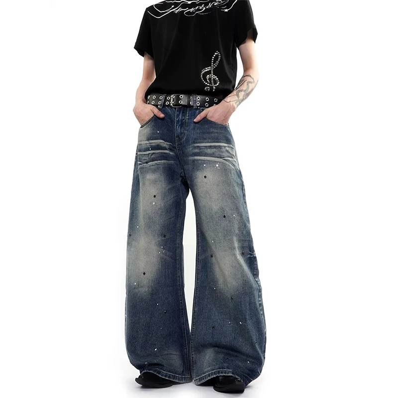 Autumn Winter  Blue Men's Jeans Loose Washed Splashed Ink Rhinestone Design High Street Cool Wide Leg Knife Jeans Straigh