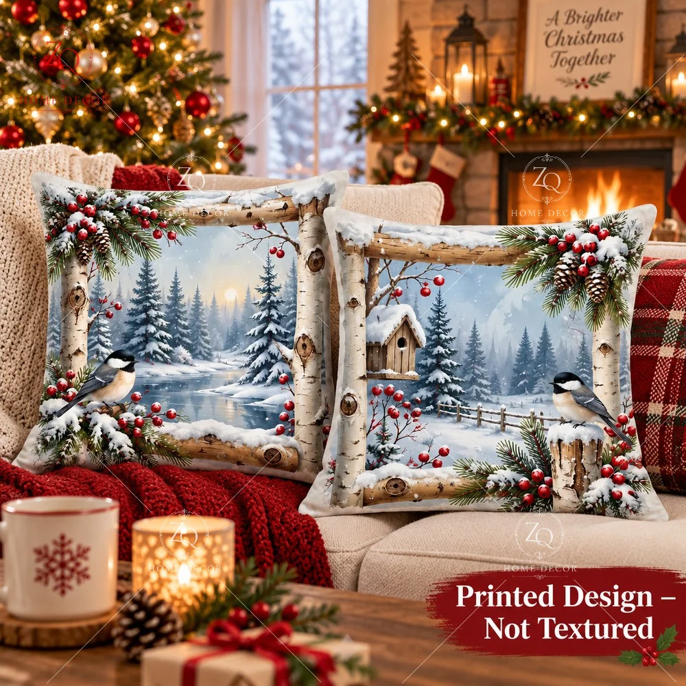 Winter Landscape Cushion Cover Peach Skin 2D Flat Printed Xmas Pillowcase Birdhouse Birch Throw Pillow Cover Couch Sofa Decor
