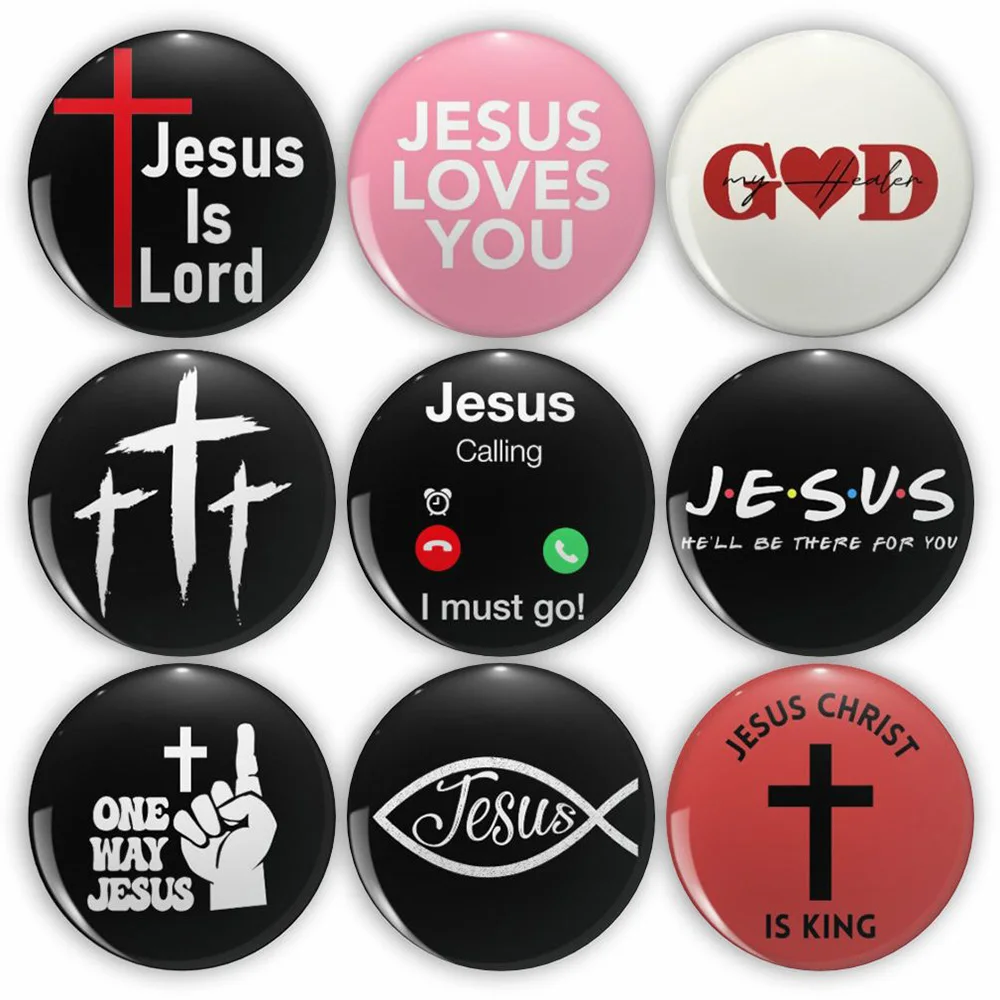 Jesus Is Lord Tinplate Button Pins God Loves You Cross Brooch Creative Christianity Lapel Badges Backpack Jewelry Gift Wholesale