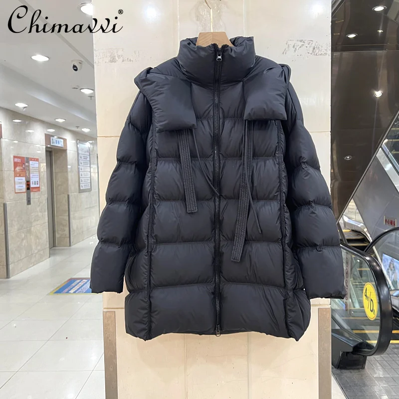 

European Winter Clothing New 2025 Fashion Hooded Thin Medium and Long Streamer Hooded Puff White Duck Down Jacket For Women